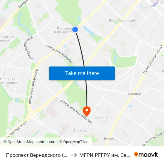 Проспект Вернадского (Prospekt Vernadskogo) to МГРИ-РГГРУ им. Серго Орджоникидзе map