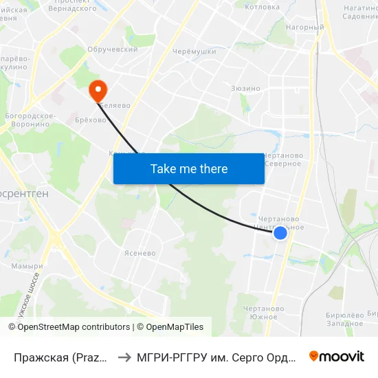 Пражская (Prazhskaya) to МГРИ-РГГРУ им. Серго Орджоникидзе map