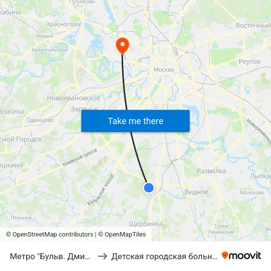 Метро "Бульв. Дмитрия Донского" to Детская городская больница им. Филатова map