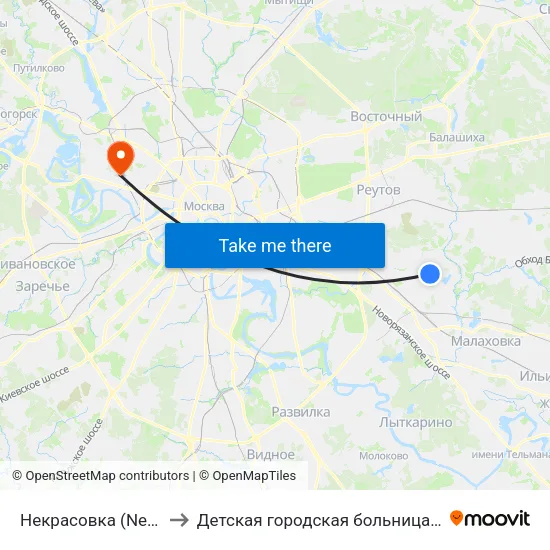 Некрасовка (Nekrasovka) to Детская городская больница им. Филатова map