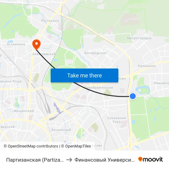Партизанская (Partizanskaya) to Финансовый Университет АРМ map