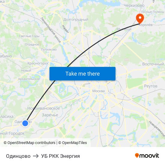 Одинцово to УБ РКК Энергия map