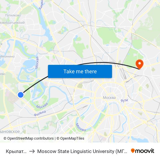 Крылатское (Krylatskoe) to Moscow State Linguistic University (МГЛУ (Московский государственный лингвистический университет)) map