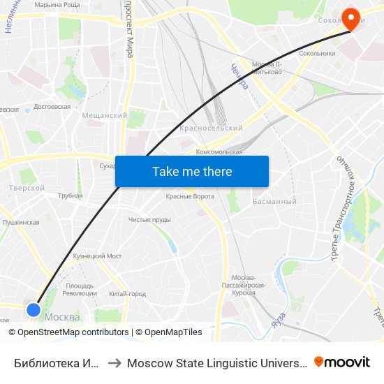 Библиотека Имени Ленина (Biblioteka Imeni Lenina) to Moscow State Linguistic University (МГЛУ (Московский государственный лингвистический университет)) map