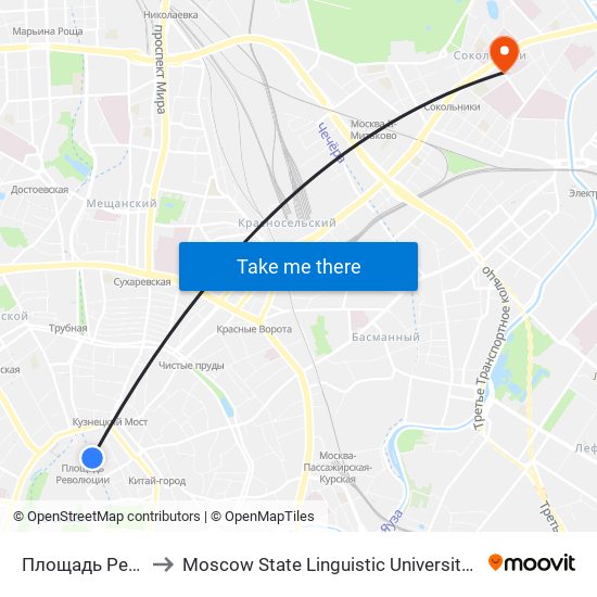 Площадь Революции (Ploschad Revolyutsii) to Moscow State Linguistic University (МГЛУ (Московский государственный лингвистический университет)) map