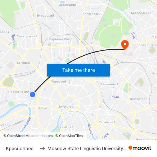 Краснопресненская (Krasnopresnenskaya) to Moscow State Linguistic University (МГЛУ (Московский государственный лингвистический университет)) map