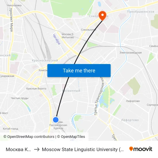Москва Курская (Kursky Station) to Moscow State Linguistic University (МГЛУ (Московский государственный лингвистический университет)) map