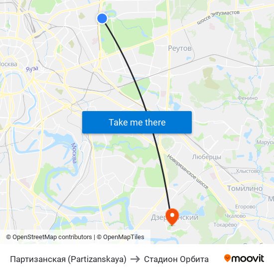 Партизанская (Partizanskaya) to Стадион Орбита map