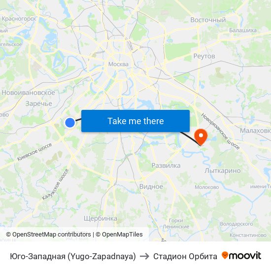 Юго-Западная (Yugo-Zapadnaya) to Стадион Орбита map