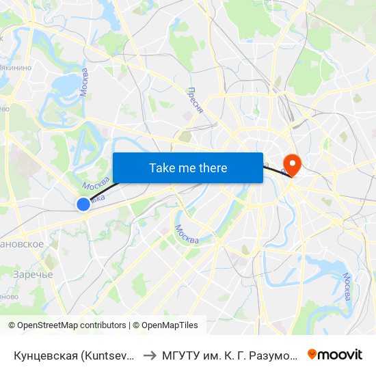 Кунцевская (Kuntsevskaya) to МГУТУ им. К. Г. Разумовского map