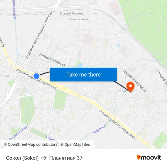 Сокол (Sokol) to Планетная 37 map