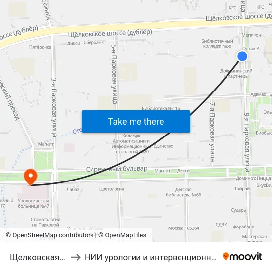 Щелковская (Schelkovskaya) to НИИ урологии и интервенционной радиологии им. Н.А. Лопаткина map