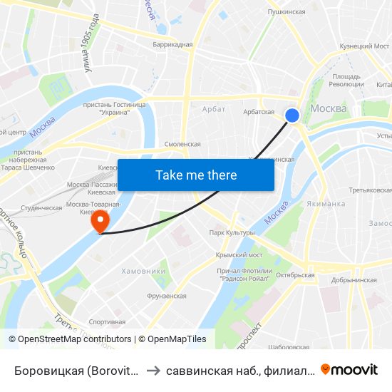 Боровицкая (Borovitskaya) to саввинская наб., филиал МЭСИ map