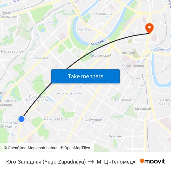 Юго-Западная (Yugo-Zapadnaya) to МГЦ «Геномед» map