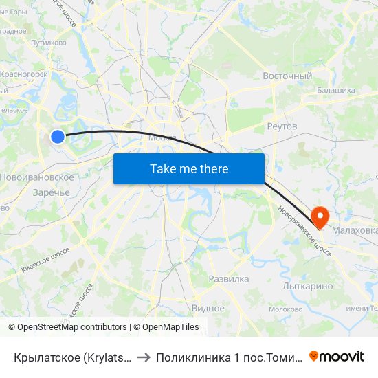 Крылатское (Krylatskoe) to Поликлиника  1 пос.Томилино map