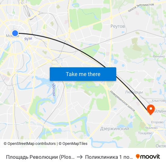 Площадь Революции (Ploschad Revolyutsii) to Поликлиника  1 пос.Томилино map