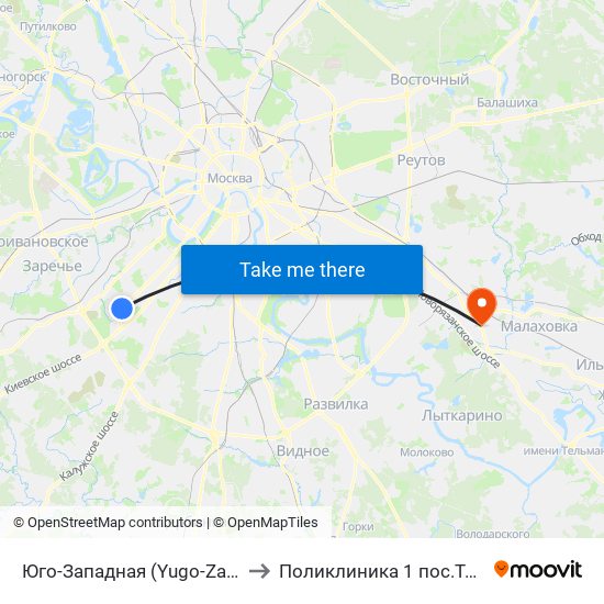 Юго-Западная (Yugo-Zapadnaya) to Поликлиника  1 пос.Томилино map