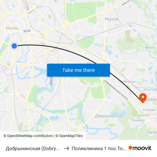 Добрынинская (Dobryninskaya) to Поликлиника  1 пос.Томилино map