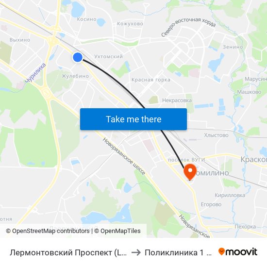 Лермонтовский Проспект (Lermontovsky Prospekt) to Поликлиника  1 пос.Томилино map