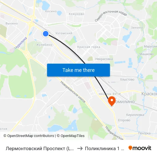 Лермонтовский Проспект (Lermontovsky Prospekt) to Поликлиника  1 пос.Томилино map