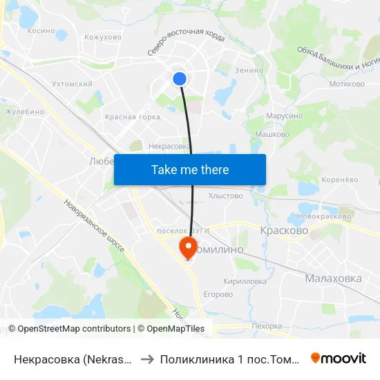 Некрасовка (Nekrasovka) to Поликлиника  1 пос.Томилино map