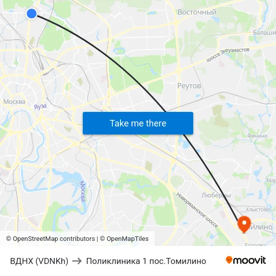 ВДНХ (VDNKh) to Поликлиника  1 пос.Томилино map
