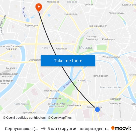 Серпуховская (Serpukhovskaya) to 5 х / о (хирургия новорожденных) филатовской больницы map