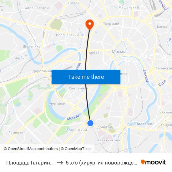 Площадь Гагарина (Ploschad Gagarina) to 5 х / о (хирургия новорожденных) филатовской больницы map