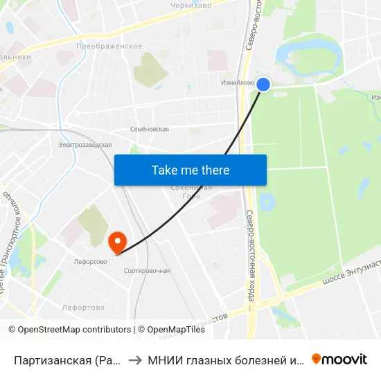 Партизанская (Partizanskaya) to МНИИ глазных болезней им. Гельмгольца map