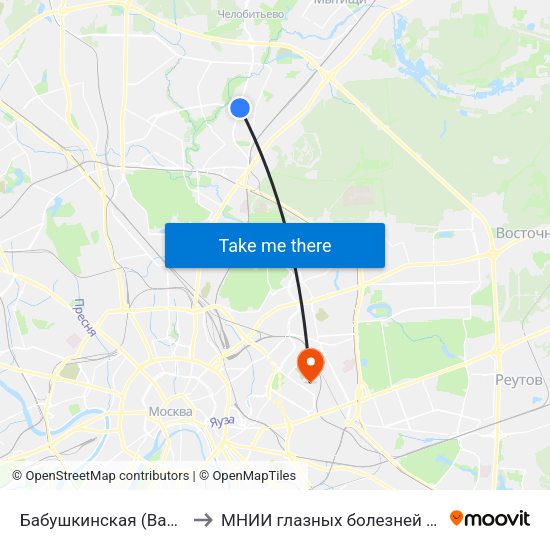 Бабушкинская (Babushkinskaya) to МНИИ глазных болезней им. Гельмгольца map