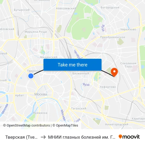 Тверская (Tverskaya) to МНИИ глазных болезней им. Гельмгольца map