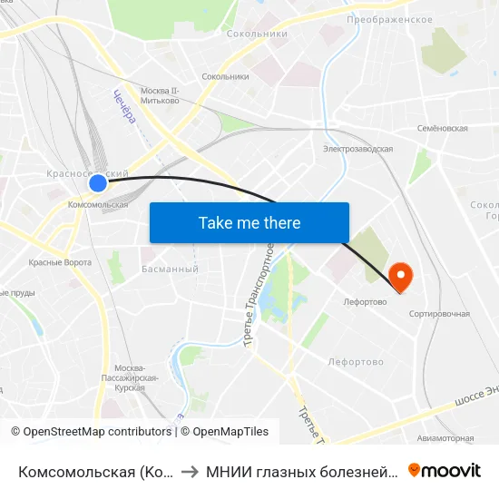 Комсомольская (Komsomolskaya) to МНИИ глазных болезней им. Гельмгольца map