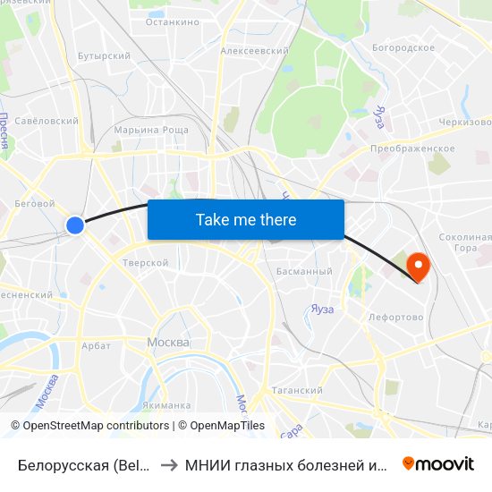 Белорусская (Belorusskaya) to МНИИ глазных болезней им. Гельмгольца map