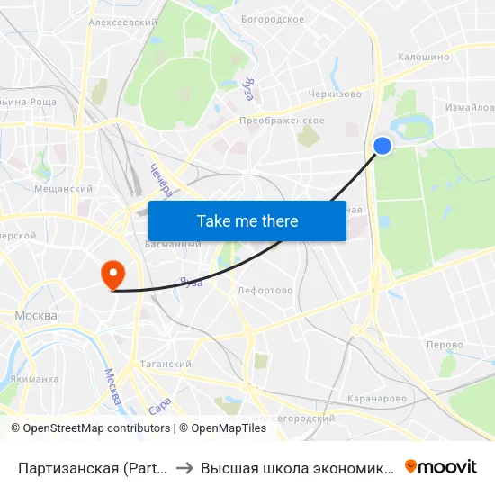 Партизанская (Partizanskaya) to Высшая школа экономики (НИУ ВШЭ) map