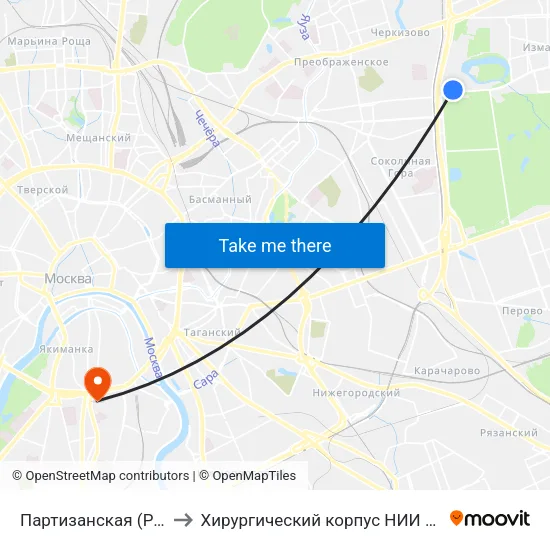 Партизанская (Partizanskaya) to Хирургический корпус НИИ им. Склифосовского map