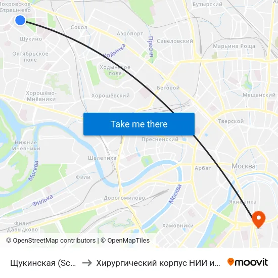 Щукинская (Schukinskaya) to Хирургический корпус НИИ им. Склифосовского map