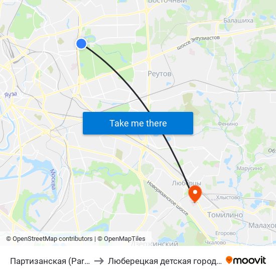 Партизанская (Partizanskaya) to Люберецкая детская городская больница map