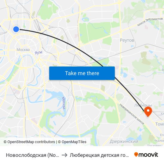 Новослободская (Novoslobodskaya) to Люберецкая детская городская больница map