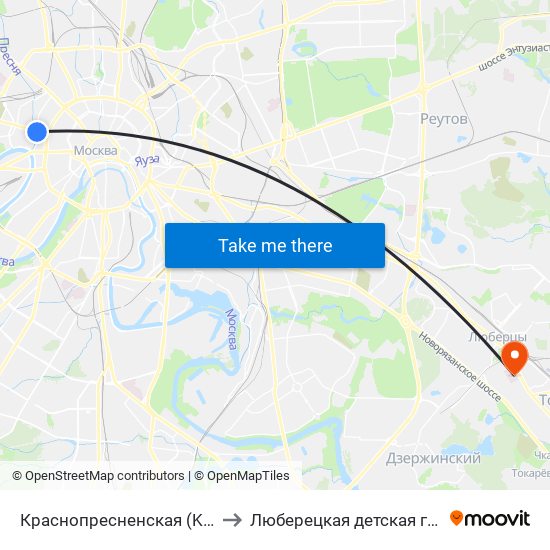 Краснопресненская (Krasnopresnenskaya) to Люберецкая детская городская больница map