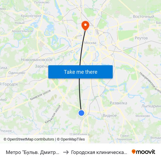 Метро "Бульв. Дмитрия Донского" to Городская клиническая больница 13 map