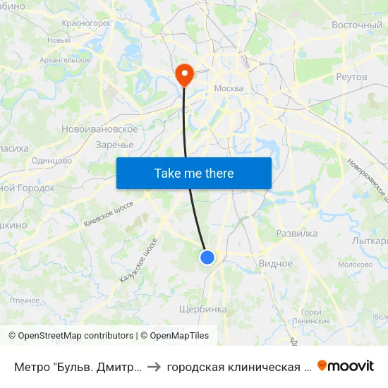 Метро "Бульв. Дмитрия Донского" to городская клиническая больница №42 map