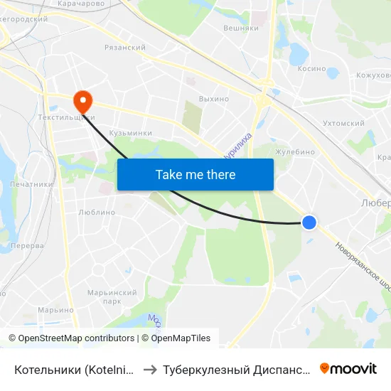 Котельники (Kotelniki) to Туберкулезный Диспансер map