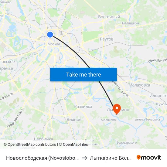 Новослободская (Novoslobodskaya) to Лыткарино Больница map