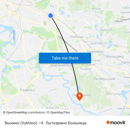 Выхино (Vykhino) to Лыткарино Больница map