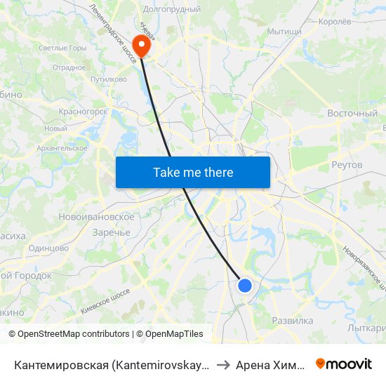 Кантемировская (Kantemirovskaya) to Арена Химки map