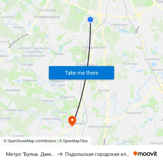 Метро "Бульв. Дмитрия Донского" to Подольская городская клиническая больница map