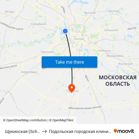 Щукинская (Schukinskaya) to Подольская городская клиническая больница map