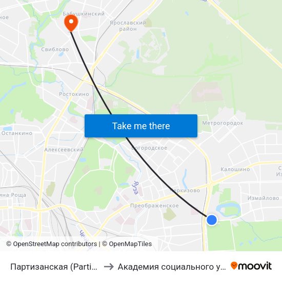 Партизанская (Partizanskaya) to Академия социального управления map