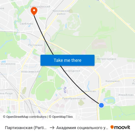 Партизанская (Partizanskaya) to Академия социального управления map