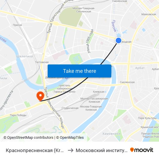 Краснопресненская (Krasnopresnenskaya) to Московский институт психоанализа map
